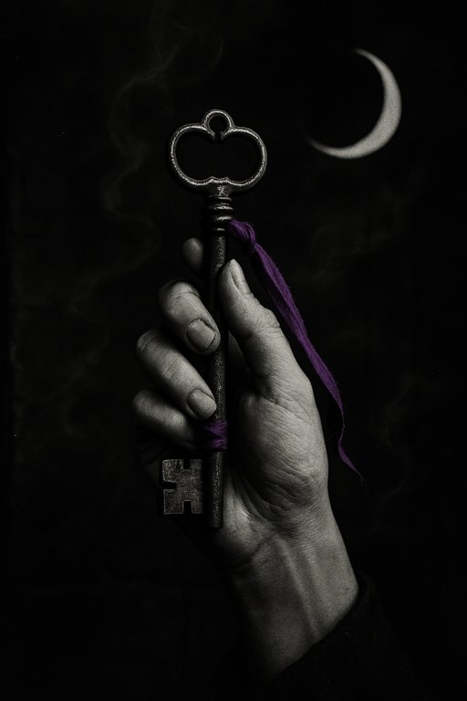 Eine Hand hält einen alten Schlüssel mit lila Band vor dunklem Hintergrund – Symbol für Zugang, Macht und magische Handlung.