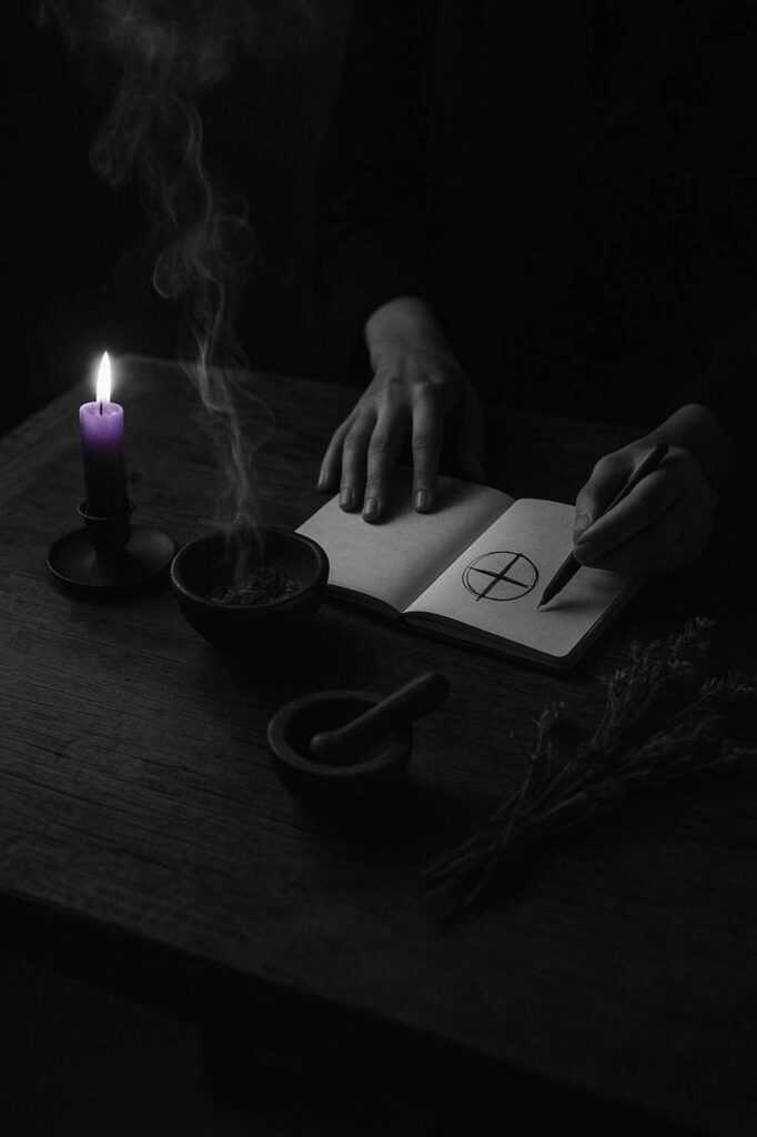 Linke Hand zeichnet ein Zeichen in ein offenes Notizbuch, neben lila Kerze und Räucherwerk auf einem Holztisch – Symbol für die stille, wirkende Praxis von Marienmond.